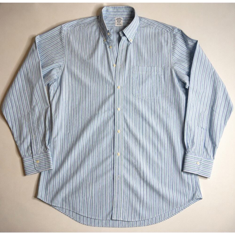 Brooks Brothers 1818 Dress Shirt Men's XL Blue Green Striped Non Iron Supima